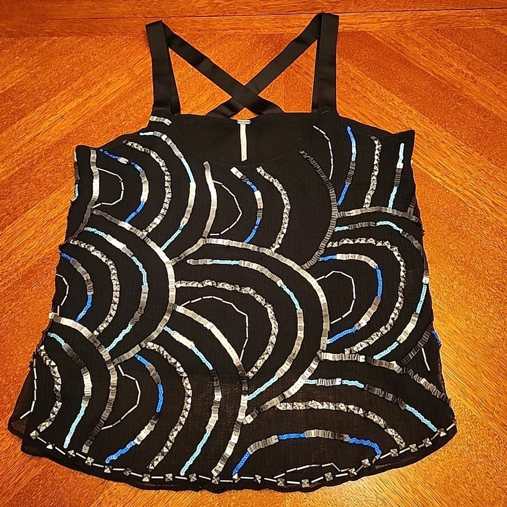 Free People Women's Beaded Tank Top Size Medium Black A1